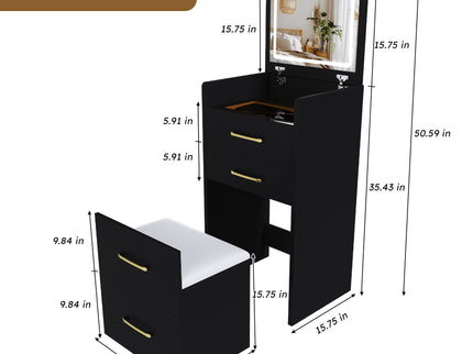 3 In 1 Vanity Desk With Open Top Mirror, Glass Desktop Makeup Set With 3 Drawers, Compact Dressing Table For Bedroom - Black
