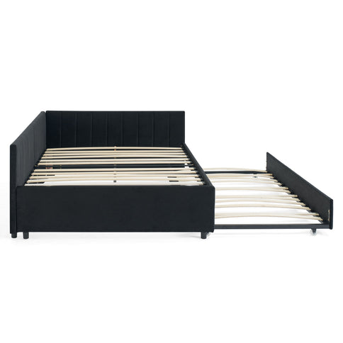 Full Size Upholstered Daybed With Trundle, Tufted Backrest And Armrests - Black