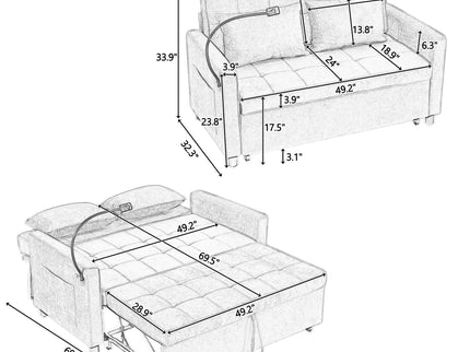 Pull-Out Sleeper Sofa With Reversible Backrest Cushion, Side Pockets, 2 USB Ports And A Phone Holder For Living Room