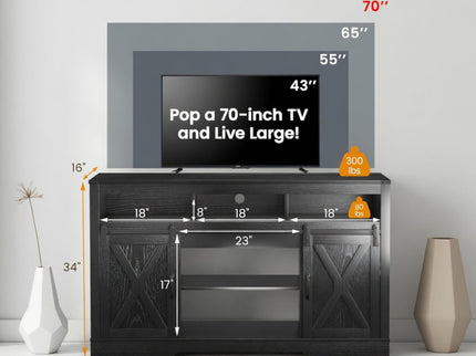 Farmhouse TV Stand With Sliding Barn Doors & Adjustable Storage