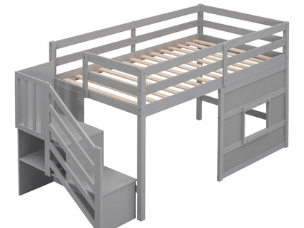 Loft Bed With Storage Staircase, Window & LED Light
