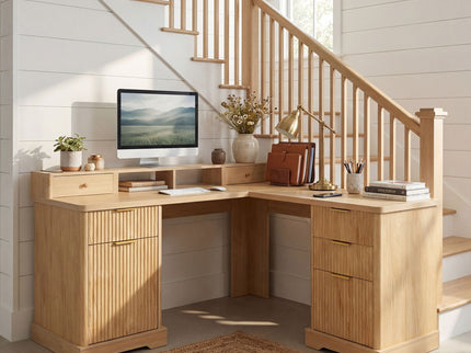 Fluted L-Shaped Desk With Charging Station & Storage Cabinet