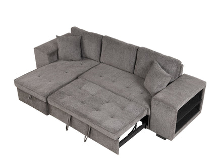 Modern L-Shape 3 Seat Reversible Sectional Couch, Pull Out Sleeper Sofa With Storage Chaise And 2 Stools For Living Room Furniture Set