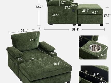 Modern Oversized Chair With Ottoman, Cupholders And USB Charging Ports