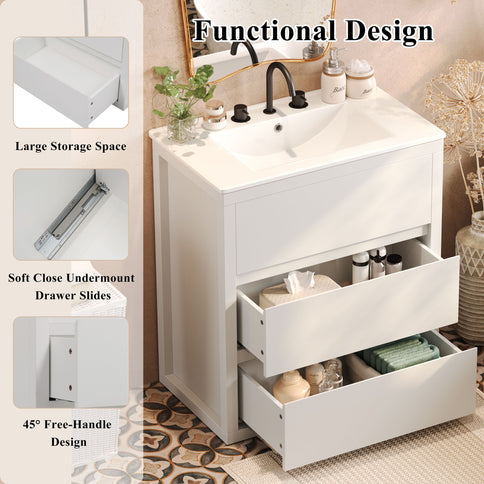 Freestanding Bathroom Vanity With Ceramic Sink, 2 Full Extension Drawers