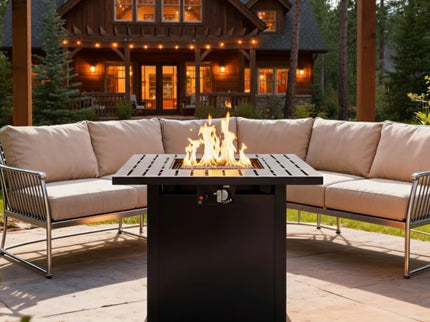 Square 2 In 1 Outdoor Propane Fire Pit Table With Stainless Burner, Lava Rocks, Lid & Waterproof Cover - Black
