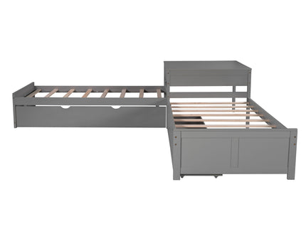 L Shaped Platform Bed With Trundle And Drawers Linked With Built In Desk