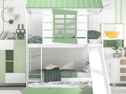 Twin Over Twin House Bunk Bed With Convertible Slide And Trundle - White