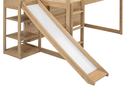 House Loft Bed With Slide, Storage Shelves And Light, Climbing Ramp