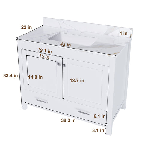 43" Bathroom Vanity, Multi Functional Cabinet With Doors And Drawer - White