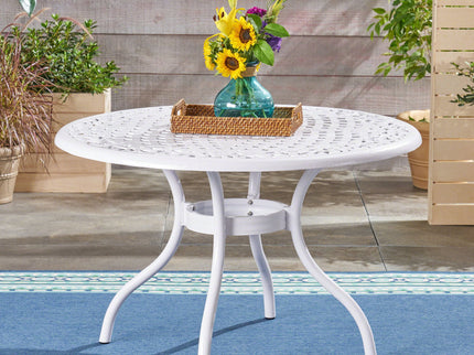 Tranquilius - Outdoor Round Dining Table With Lattice Tabletop, Umbrella Hole And Curved Legs