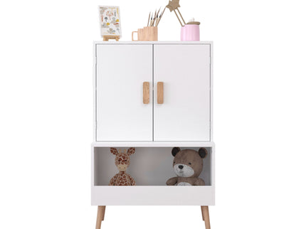 Toy Storage Cabinet With Doors And Open Shelf, Toddler Bookshelf For Playroom - White