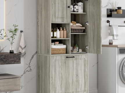 Modern Tall Storage Cabinet With Adjustable Shelves, Flip-Out Basket & Enclosed Doors
