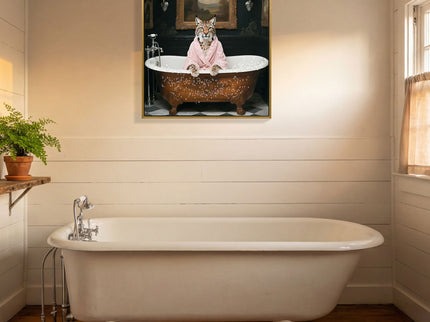 Tiger In Bathtub Wall Art Print Poster, Bathroom Decor Posters Prints For Restroom - Pink / White