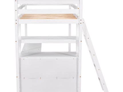 Modern Loft Bed With Built In Desk, Shelves, And 2 Drawers