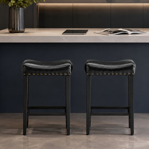 Bar Stool With Brass Nailhead Trim (Set of 2) - Black