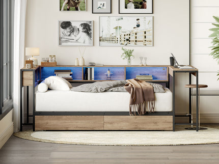 Corner Bed Frame Twin Size With Bookcase And 2 Underbed Storage Drawers, Modern Twin Bed With LED Light And Charging Station, Modern Daybed Reversible Left Or Right - Gray