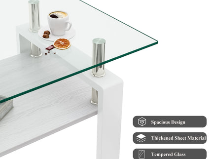 Modern Rectangular Coffee Table With Tempered Transparent Glass Top And Storage Shelf
