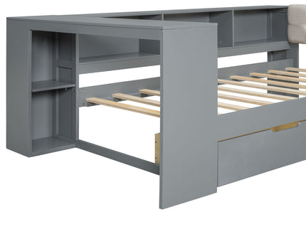 Upholstered Headboard Platform Bed With Storage Shelves, Drawers, Charging Station