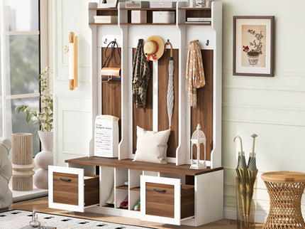 5 In 1 Entryway Bench With Coat Rack, 7 Sturdy Hooks, 2 Spacious Drawers And Adjustable Shelves