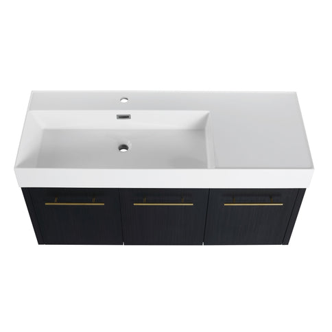 Modern Chestnut Wall Mounted Bathroom Vanity With Left Resin Sink And Storage Rack - Black Chestnut