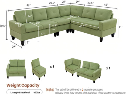 Modular L - Shaped Sectional Sofa, 6 Seater, 4 Piece Couch With Chaise - Green
