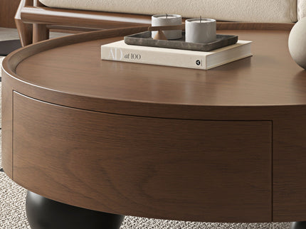 Round Coffee Table With Storage Drawer And Ball Feet - Walnut / Black