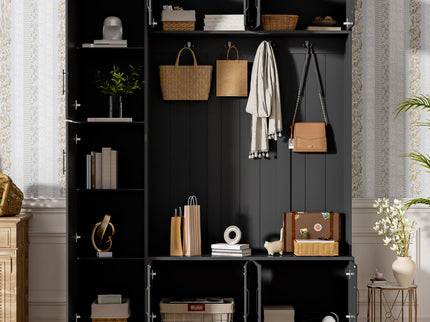 Tall Hall Tree With Shoe Storage, 4 In 1 Entryway Bench With 6 Cabinets, 4 Coat Hooks & Adjustable Shelf For Hallway - Black