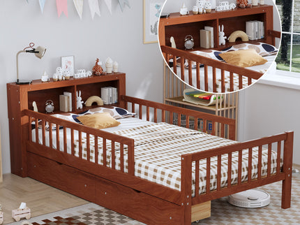Bed With Headboard Storage Rack, 2 Under Bed Drawers, 3 Side Guardrails For Safety