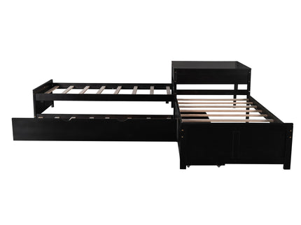 L Shaped Platform Bed With Trundle And Drawers Linked With Built In Desk