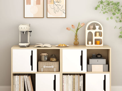 Storage Cabinet With Sliding Doors, 2 Tier Open And Closed Shelves Organizer - Natural / White