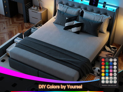Platform Bed Frame With RGB LED Lights, Charging Station, Storage Headboard & 4 Underbed Drawers