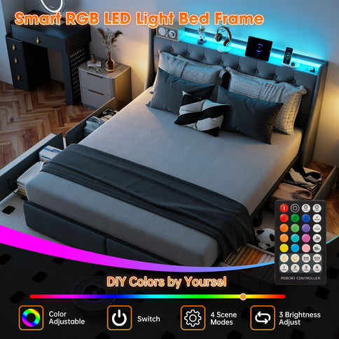 Platform Bed Frame With RGB LED Lights, Charging Station, Storage Headboard & 4 Underbed Drawers