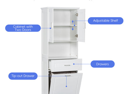 Tall Bathroom Cabinet With Tilt-Out Laundry Basket And Upper Storage