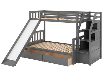 Bunk Bed With Storage Staircase, Slide, Desk, Drawers, And Shelves