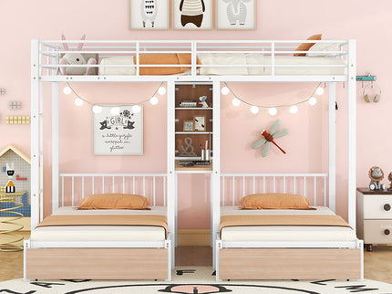 Triple Bunk Bed With Drawers, Multi-Functional Frame With Desks And Shelves In The Middle