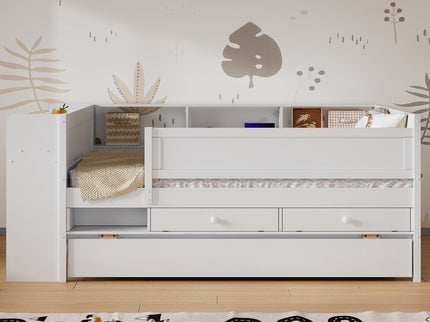Twin Daybed With Drawers, Trundle, Headboard Storage, Study Desk, And USB Charging Station - White