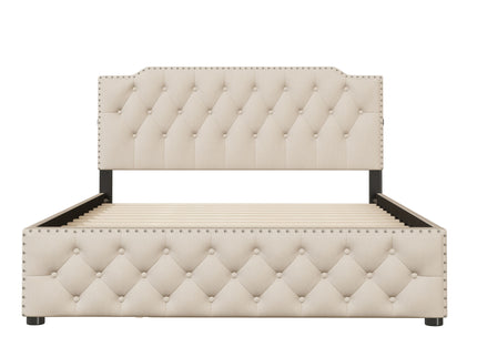 Upholstered Platform Bed With Trundle And 2 Sets Of USB Ports On Each Side, Fabric