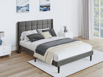 Queen Size Upholstered Platform Bed Frame With Button Tufted Linen Fabric Headboard - Dark Gray