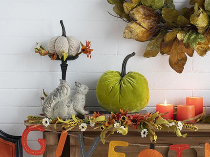 Velvet Weighted Pumpkin With Resin Stem Apple, Pumpkin Ornament Decor For Holiday Harvest Festival Fall Festival & Thanksgiving (Set of 2) - Green