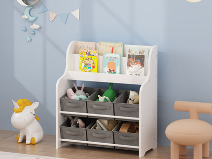 Bookshelf With 6 Storage Bins, Multi Functional Children's Bookcase And Toy Organizer - White