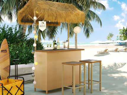 Hawaiian-Style Bar Height Patio Set With PE Grass Canopy, Outdoor Bar Table And Stools With Adjustable Feet, Acacia Wood Top, For Dining And Drinking - Natural