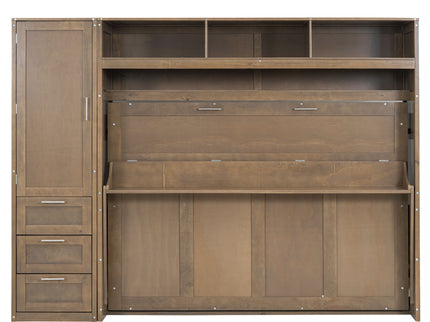 Full Size Murphy Bed With Wardrobe, Drawers, And Open Shelves - Wood