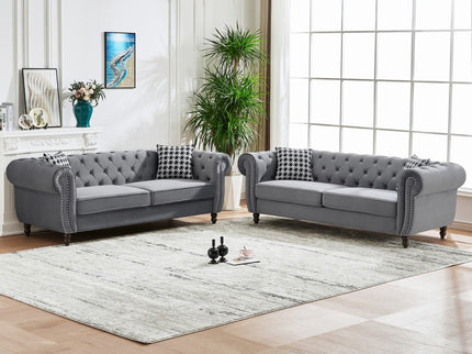 Chesterfield Upholstery Fabric Sofa With Roll Armrest & Nailhead, Mid Century Modern 3 And 3 Seater Couch