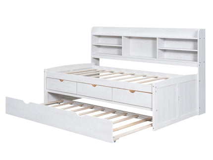 Captain Bed With Built In Bookshelves, 3 Storage Drawers, And Trundle