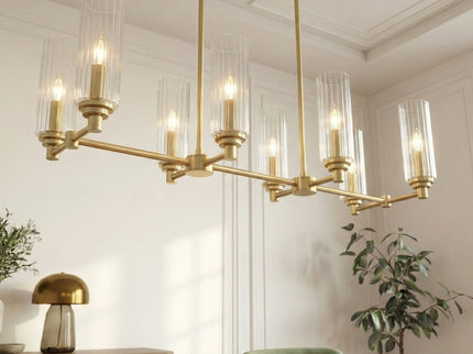 Willow - 8 Lights Island With Clear Ribbed Pendant Lamp Satin - Antique Brass / Clear / Gold