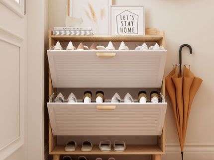 Shoe Storage Cabinet With 2 Flip Drawers, Compact Entryway Organizer - Natural / White
