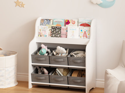 Bookshelf With 6 Storage Bins, Multi Functional Children's Bookcase And Toy Organizer - White
