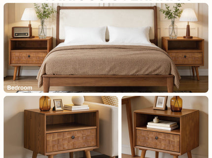 Nightstand With Carved Geometric Drawer Front, 1 Drawer And Open Shelf