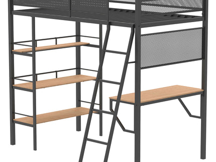 William - Twin Loft Bed 3 Shelf With Built In Desk - Matte Black